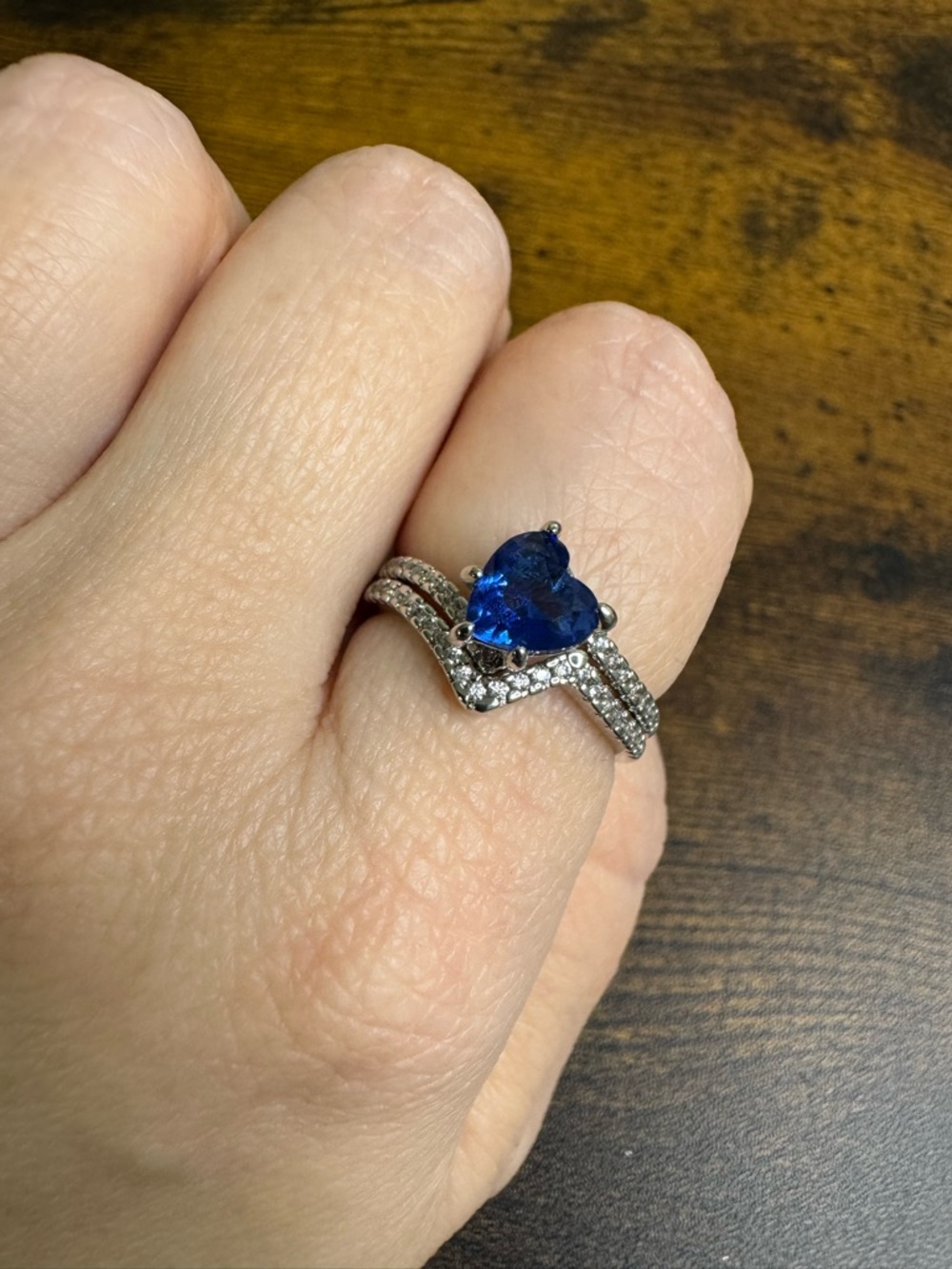 Royal Blue Heart Crystal Ring with Pavé Accents - Stacking Set